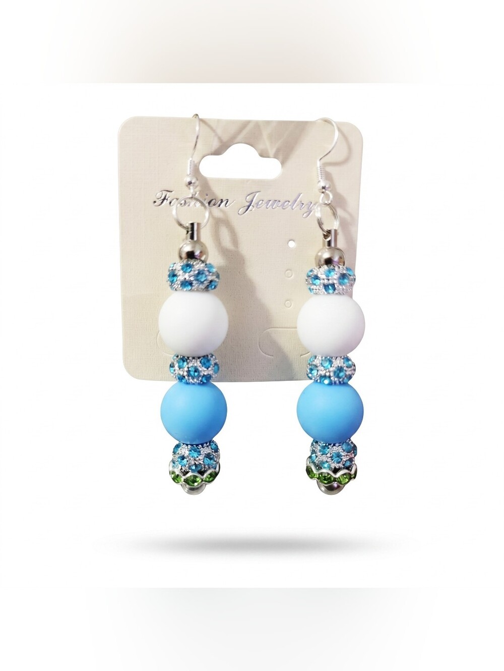 Blue & White Rhinestone Beaded Drop Earrings - 925 Sterling Silver Hook Earrings - Picture 9 of 11